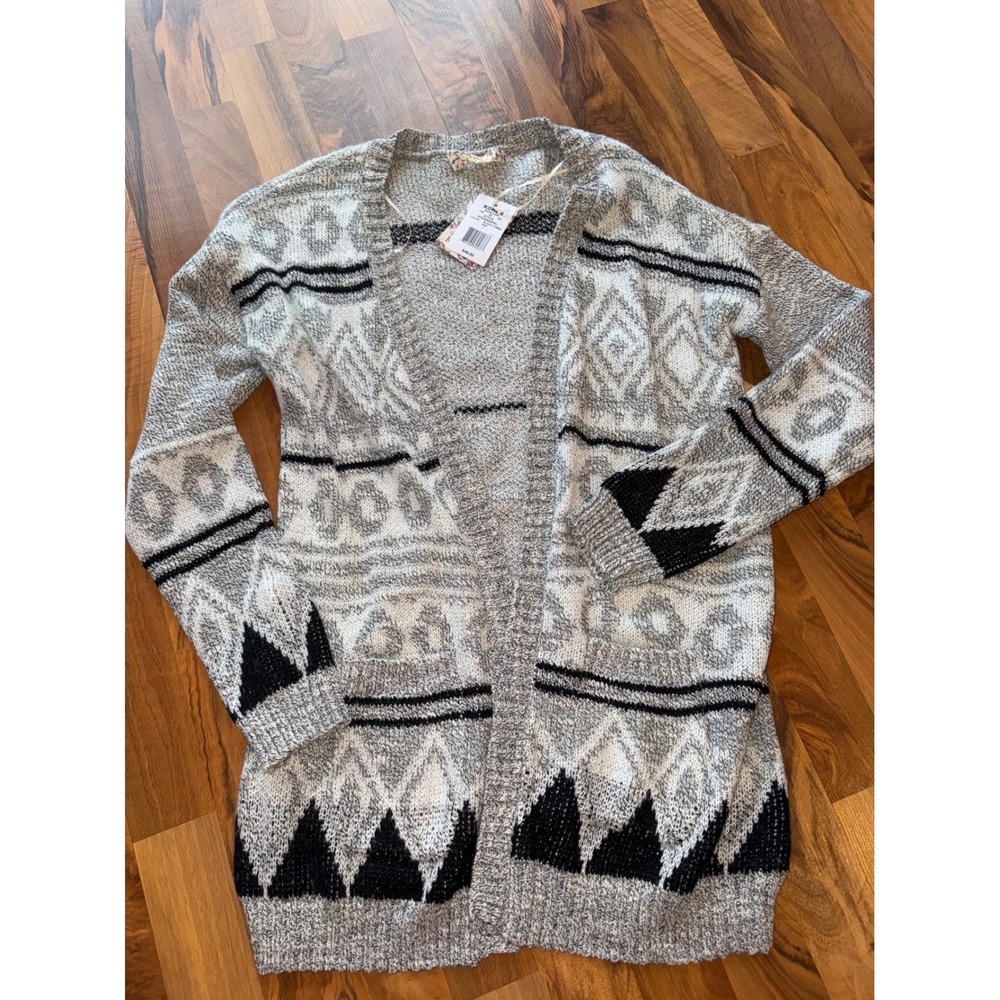 Pink Republic Cardigan Womens Large Grey NEW Geometric Tribal Open Front Sweater